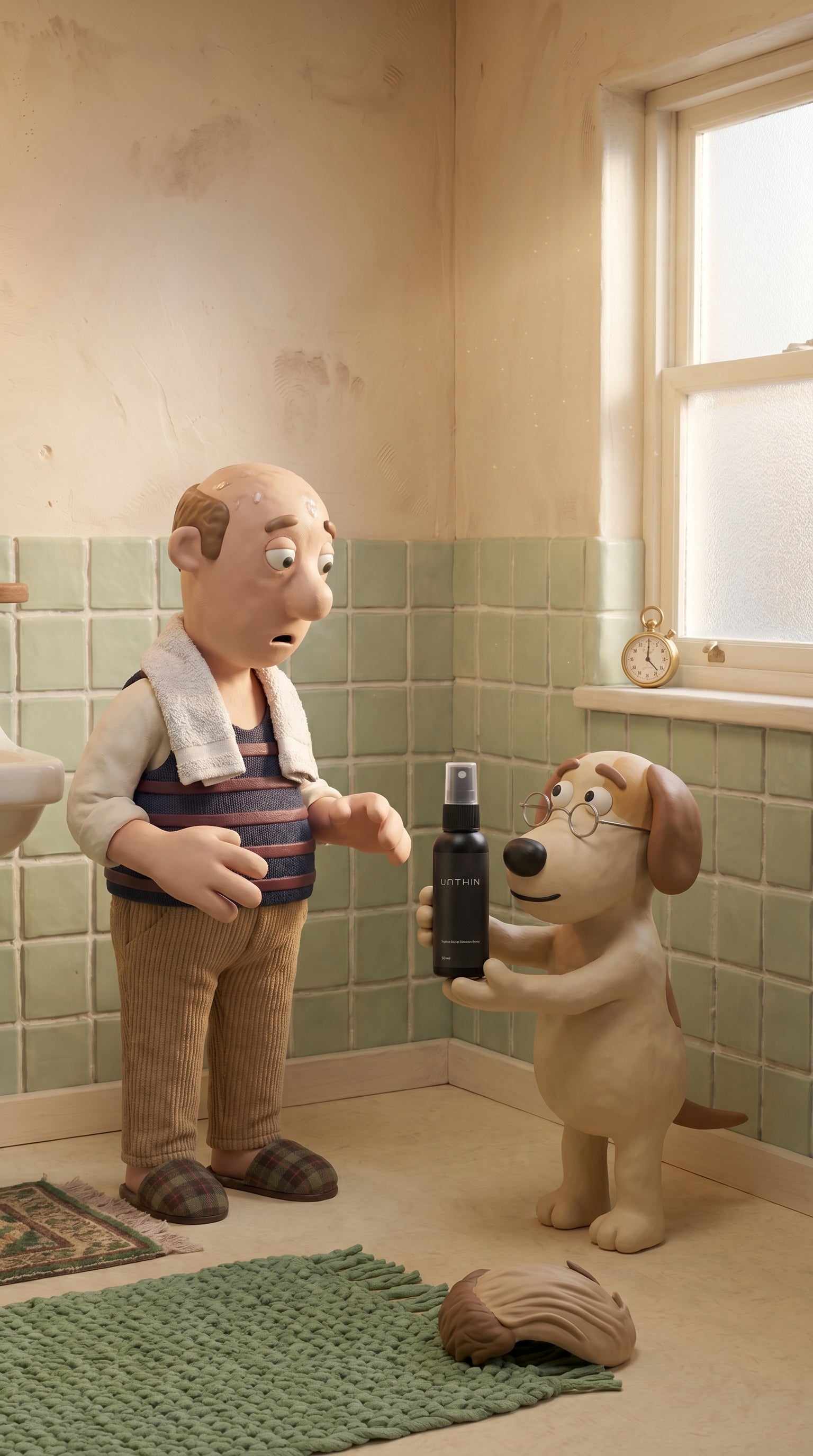 The dog presenting the Unthin bottle to Norman in the bathroom