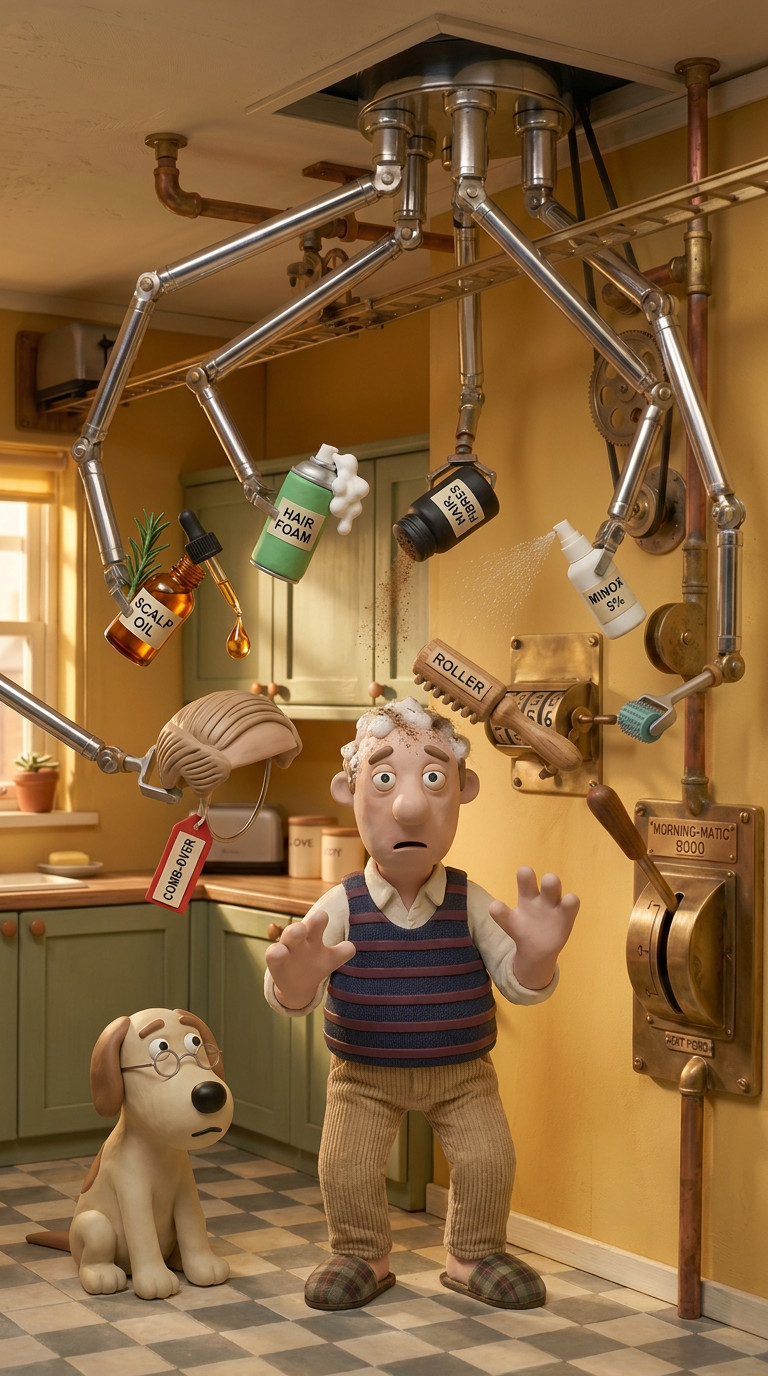 Norman trapped in the Morning-Matic 9000 with six chrome arms applying foam, fibres, pills, minoxidil, a wig and a roller