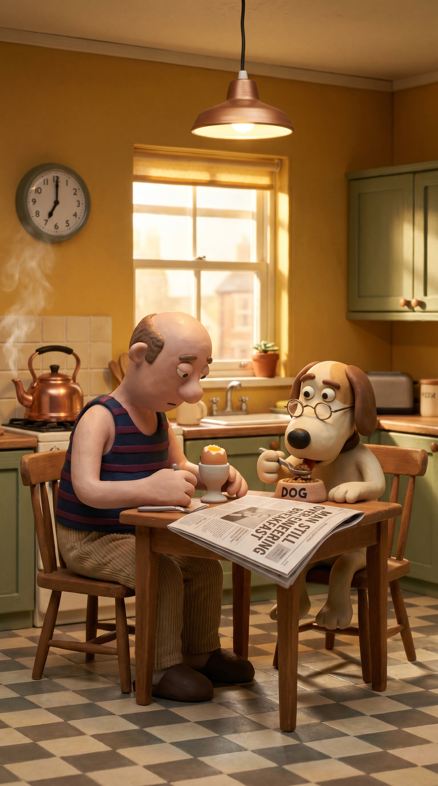 Norman and his dog at the breakfast table reading the paper